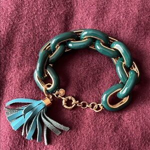 J. Crew Enamelled Green and Gold Chain Bracelet with Tassel